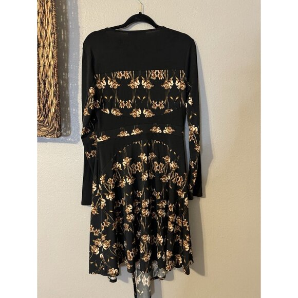 BCBGMaxAzria Wrap Dress L Large Black Gold Yellow Long Sleeve Washable NEW - Picture 13 of 15